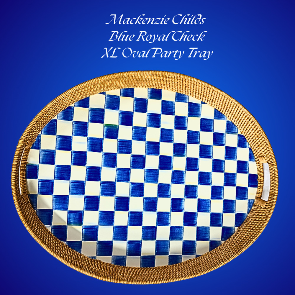 MacKenzie Childs Rattan Enamel Party Serving Tray Blue Royal Check Oval XL